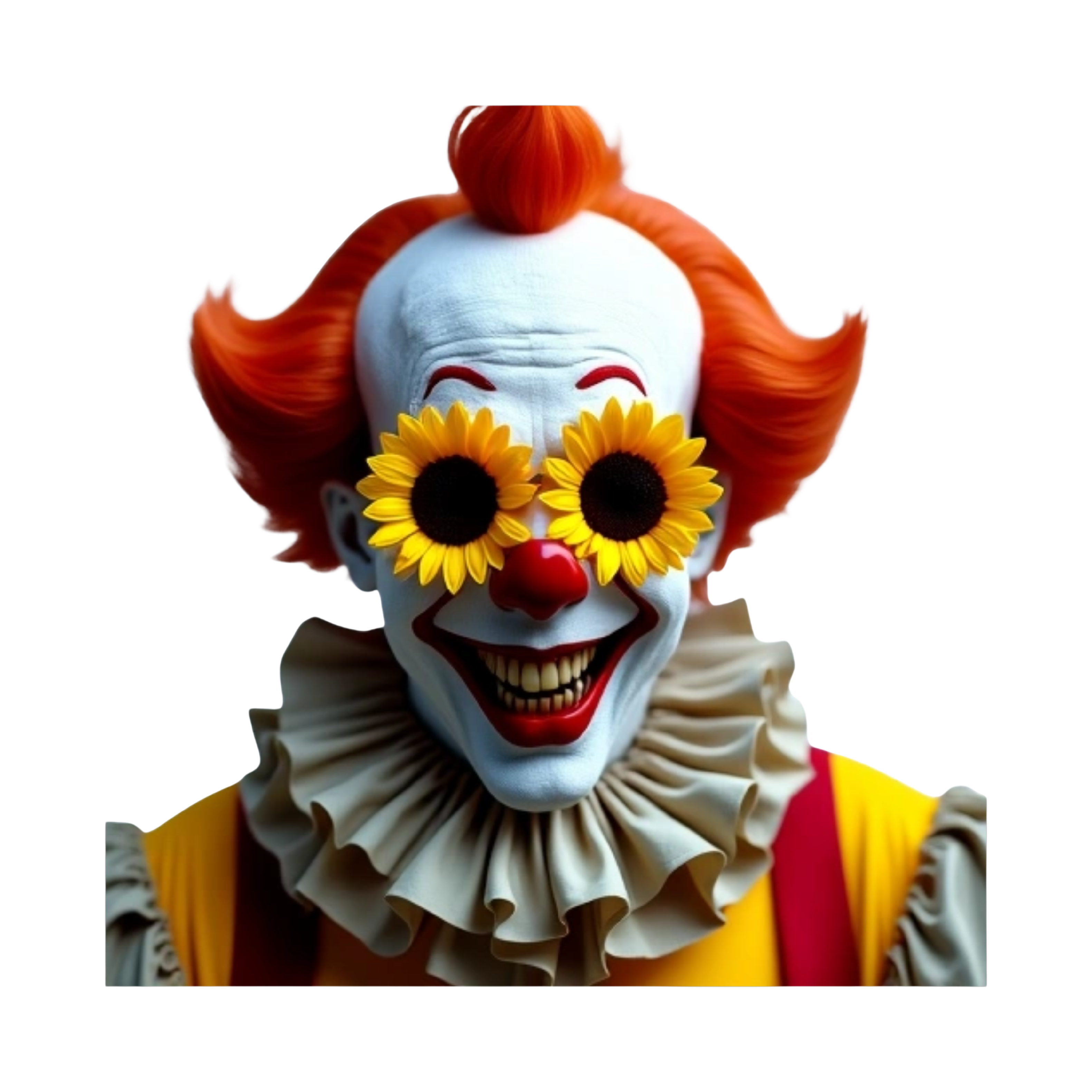The terrifier evil clown with yellow sunflower glasses