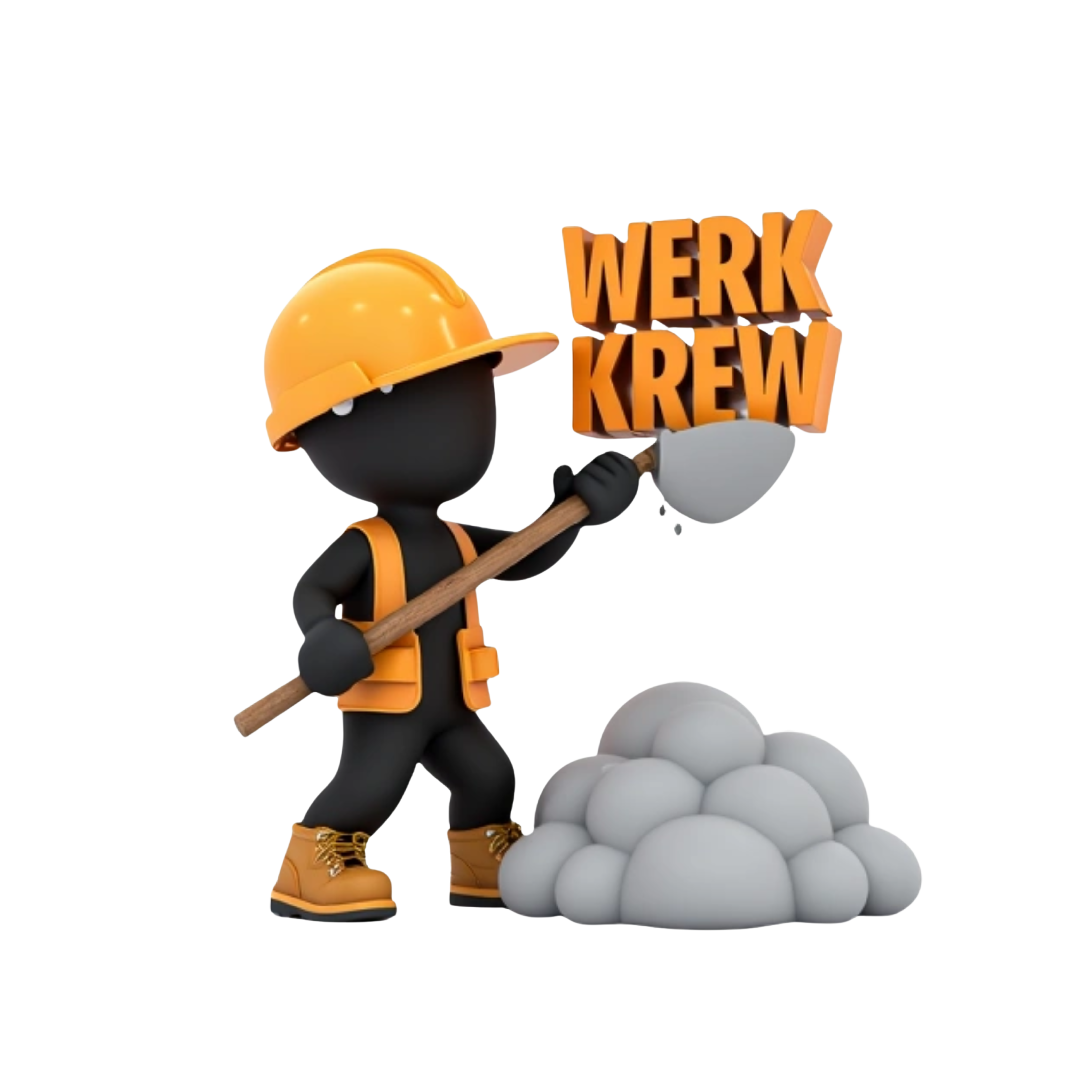 Helper realistic 3D black stick man in construction gear and timberland construction boots shoveling a cloud in the sky on top of a cloud ,on top  3D old English text saying WERK KREW