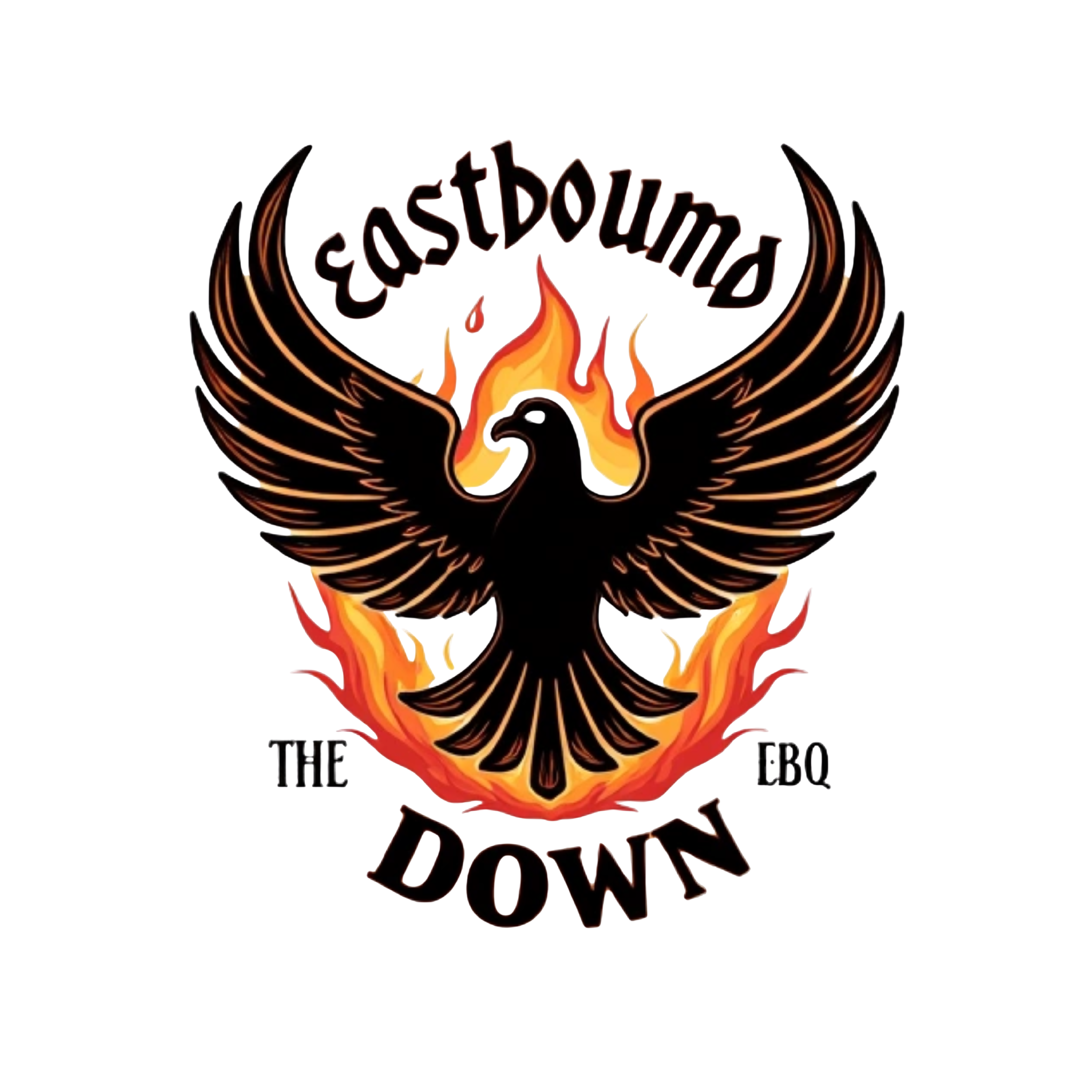 vector style firebird emblem off the trans am like on the movie Smokey and the bandit , bold text above the logo "Eastbound & Down BBQ.", remove background