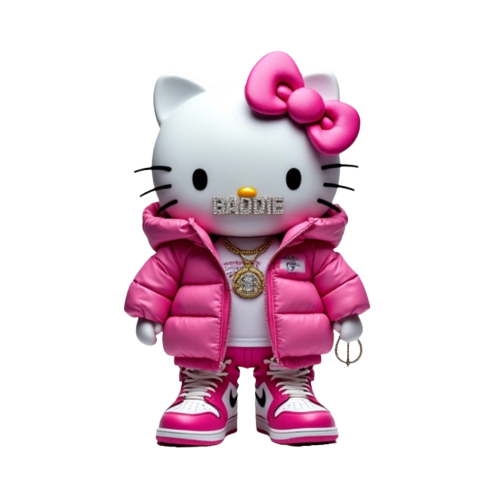 Hello kitty with diamond grills in her mouth wearing a pink puffer jacket and diamond chain with pendant that says “BADDIE” on the chest with pink and white Jordan ones on her feet