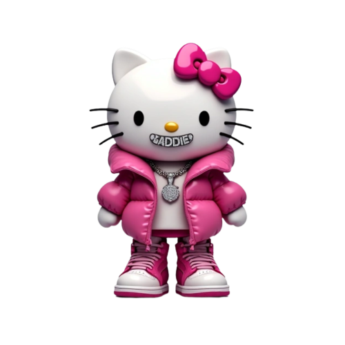 Hello kitty with diamond grills in her mouth smiling and wearing a pink puffer jacket and diamond chain with pendant that says “BADDIE” on the chest with pink and white Jordan ones on her feet