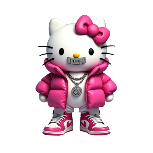 Hello kitty with diamond grills in her mouth smiling and wearing a pink puffer jacket and diamond chain with pendant that says “BADDIE” on the chest with pink and white Jordan ones on her feet