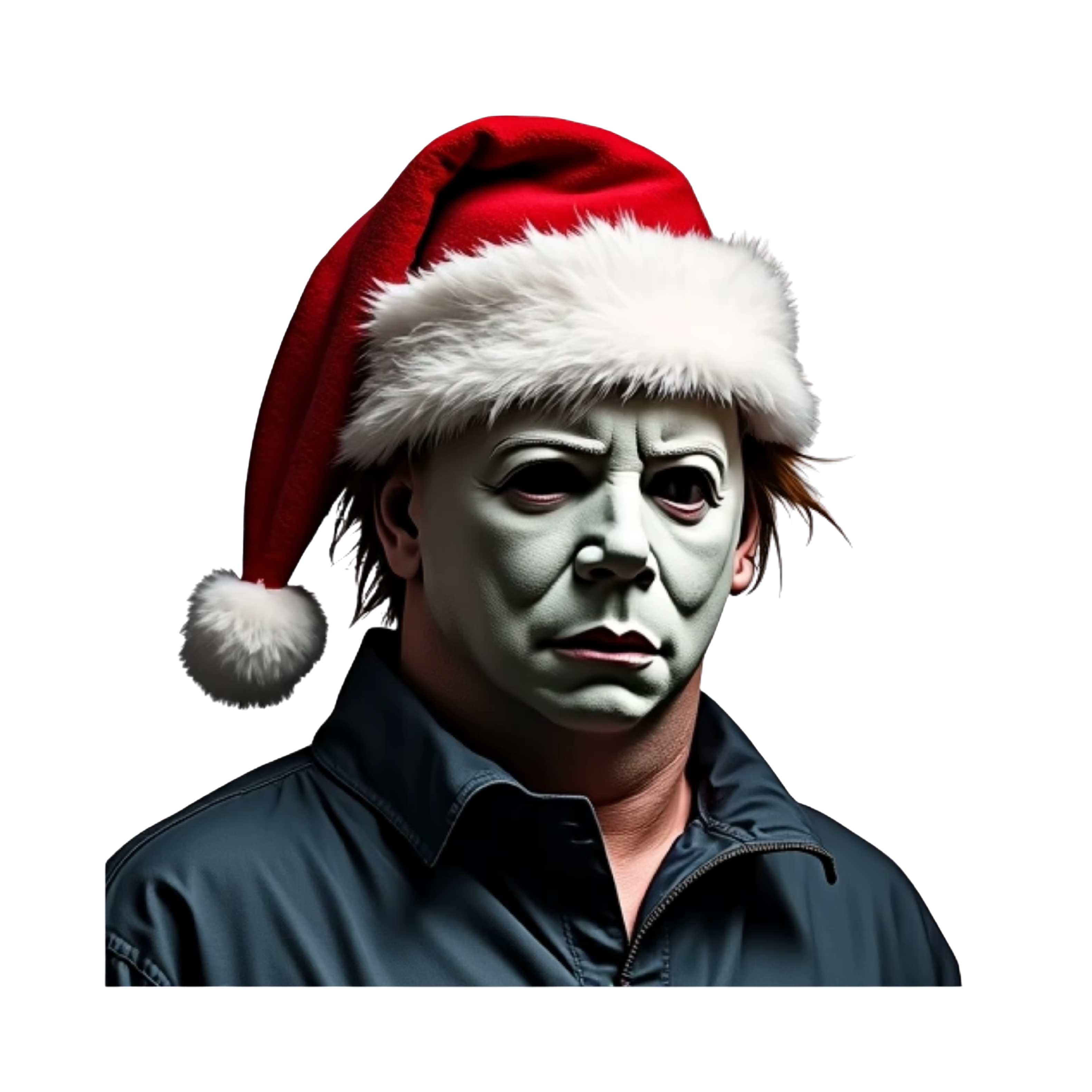 creepy font text, "he sees you when you're sleeping he knows when you're awake"
michael myers wearing santa hat