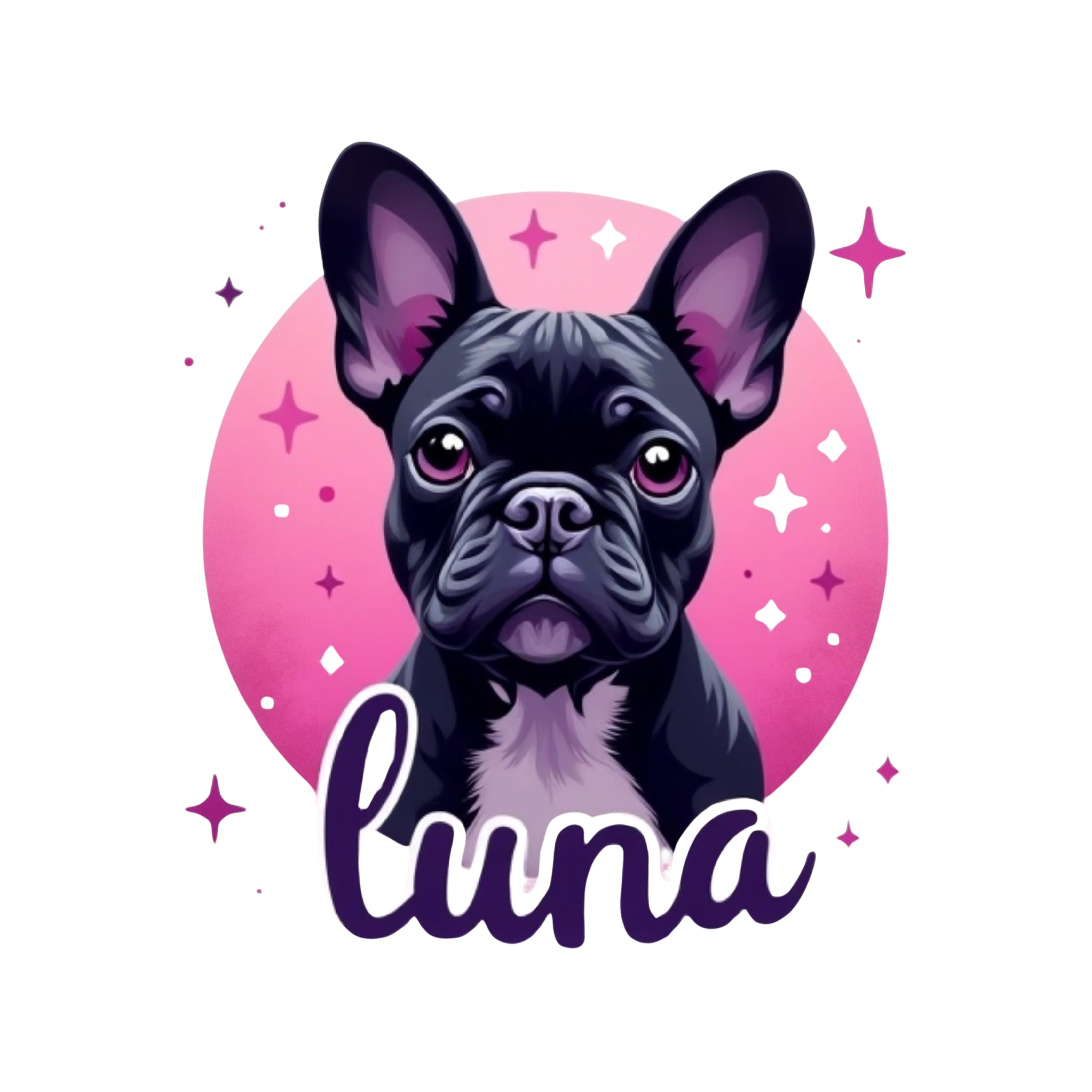 french bulldog with the text "luna" under in a purple gradient and pink stars in the background make it for a tshirt design