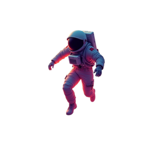 spaceman flying through colorful clouds with the text "unreal custom designs" under it in colorful gradients