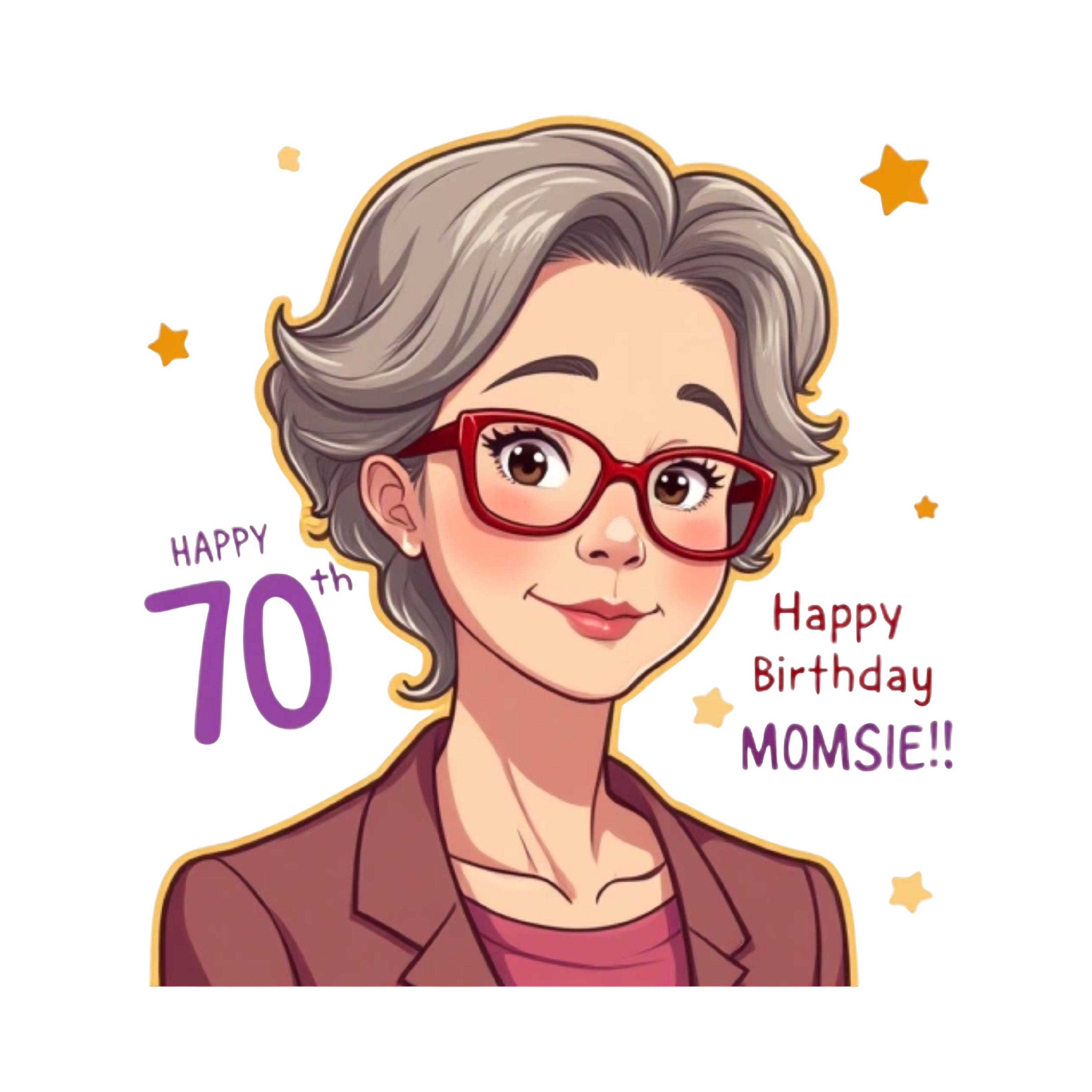 Anime style older Asian woman with light brown hair and red glasses with words saying “HAPPY 70th BIRTHDAY MOMSIE!” In lavender and yellow